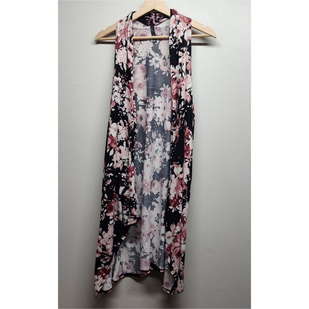 Voll Cardigan Vest Women Size M Black Floral Sleeveless Open Feminine Casual